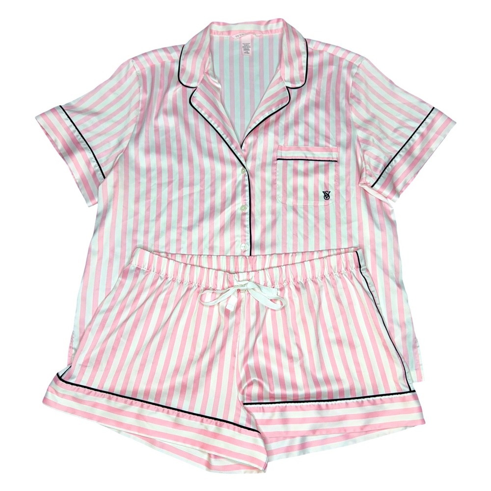 Victoria's Secret Pink Signature Stripe Satin Short Pajama Set Large